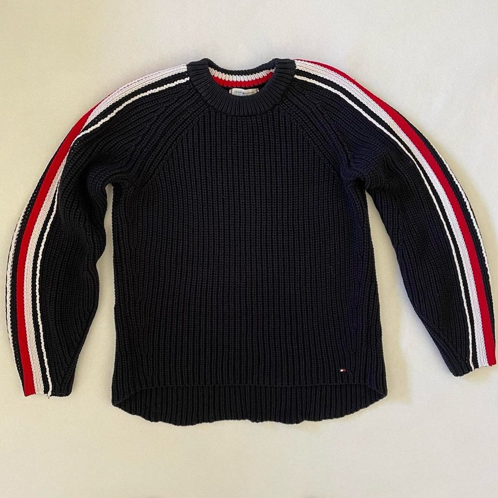 Tommy Hilfiger Navy Crewneck Chunky Ribbed Sweater Red & White Stripes Medium